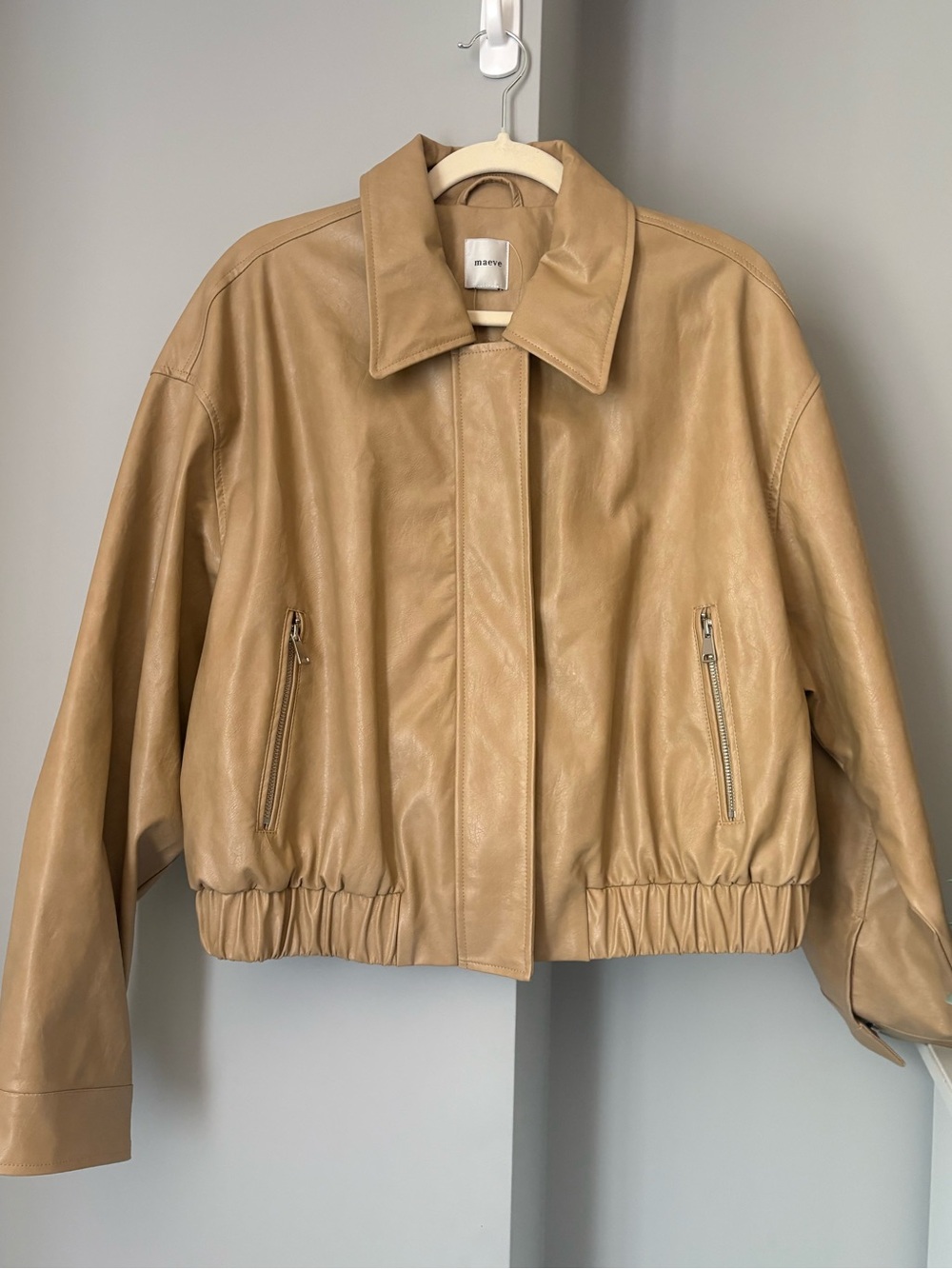 Anthropologie Maeve Faux Leather Bomber Jacket Tan Camel Zip NWT L